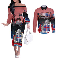 Iceland Independence Day 2024 Couples Matching Off The Shoulder Long Sleeve Dress and Long Sleeve Button Shirt Coat Of Arms Happy 80th Anniversary