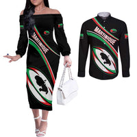 Custom Martinique Rugby Couples Matching Off The Shoulder Long Sleeve Dress and Long Sleeve Button Shirt Matinik Go Champions