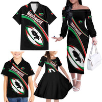 Custom Martinique Rugby Family Matching Off The Shoulder Long Sleeve Dress and Hawaiian Shirt Matinik Go Champions