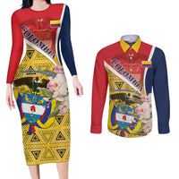 Colombia Independence Day Couples Matching Long Sleeve Bodycon Dress and Long Sleeve Button Shirt Libertad y Orden Colombian Pattern - Wonder Print Shop