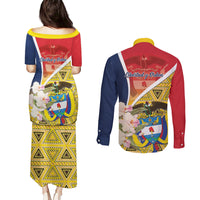 Colombia Independence Day Couples Matching Puletasi and Long Sleeve Button Shirt Libertad y Orden Colombian Pattern - Wonder Print Shop