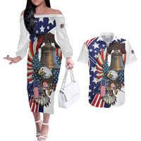 Personalized USA 4th Of July Couples Matching Off The Shoulder Long Sleeve Dress and Hawaiian Shirt United State Eagle Liberty Bell
