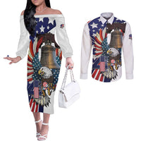 Personalized USA 4th Of July Couples Matching Off The Shoulder Long Sleeve Dress and Long Sleeve Button Shirt United State Eagle Liberty Bell