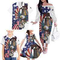 Personalized USA 4th Of July Family Matching Off The Shoulder Long Sleeve Dress and Hawaiian Shirt United State Eagle Liberty Bell
