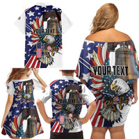 Personalized USA 4th Of July Family Matching Off Shoulder Short Dress and Hawaiian Shirt United State Eagle Liberty Bell