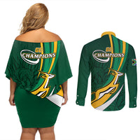South Africa Rugby Couples Matching Off Shoulder Short Dress and Long Sleeve Button Shirts Springboks Go Champions World Cup 2023 - Wonder Print Shop