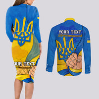 Personalised Ukraine Independence Day Couples Matching Long Sleeve Bodycon Dress and Long Sleeve Button Shirts Ukrainian Trident Special Version - Wonder Print Shop