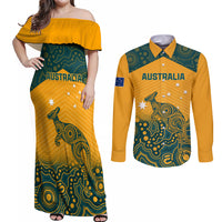 Off-shoulder yellow maxi dress and long-sleeve button shirt, teal aboriginal pattern