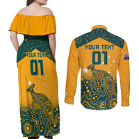 Matching dress and shirt back views with YOUR TEXT 01, yellow and teal pattern