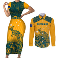 Custom Australia Rugby Couples Matching Short Sleeve Bodycon Dress and Long Sleeve Button Shirts Wallabies Aboriginal Pattern - Wonder Print Shop