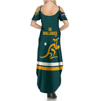 Women’s dark green rugby maxi dress with cold-shoulder sleeves and Wallabies graphic