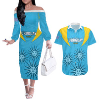 Uruguay Rugby Couples Matching Off The Shoulder Long Sleeve Dress and Hawaiian Shirt Los Teros Go 2023 World Cup - Wonder Print Shop