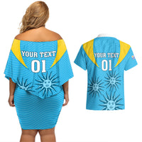 Custom Uruguay Rugby Couples Matching Off Shoulder Short Dress and Hawaiian Shirt Los Teros Go 2023 World Cup - Wonder Print Shop