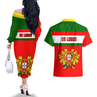 Portugal Rugby Couples Matching Off The Shoulder Long Sleeve Dress and Hawaiian Shirt Os Lobos Go 2023 World Cup - Wonder Print Shop