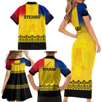 Romania Rugby Family Matching Short Sleeve Bodycon Dress and Hawaiian Shirt Stejarii Go 2023 World Cup - Wonder Print Shop