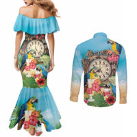 Personalized It's 5 o'clock Somewhere Couples Matching Mermaid Dress and Long Sleeve Button Shirt Hawaiian Tropical Parrots - Wonder Print Shop