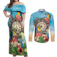 Personalized It's 5 o'clock Somewhere Couples Matching Off Shoulder Maxi Dress and Long Sleeve Button Shirt Hawaiian Tropical Parrots - Wonder Print Shop