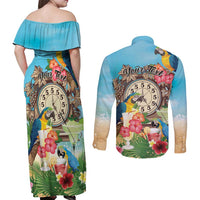 Personalized It's 5 o'clock Somewhere Couples Matching Off Shoulder Maxi Dress and Long Sleeve Button Shirt Hawaiian Tropical Parrots - Wonder Print Shop