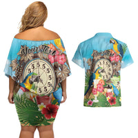 Personalized It's 5 o'clock Somewhere Couples Matching Off Shoulder Short Dress and Hawaiian Shirt Hawaiian Tropical Parrots - Wonder Print Shop