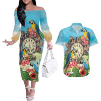 Personalized It's 5 o'clock Somewhere Couples Matching Off The Shoulder Long Sleeve Dress and Hawaiian Shirt Hawaiian Tropical Parrots - Wonder Print Shop