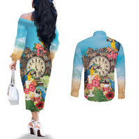 Personalized It's 5 o'clock Somewhere Couples Matching Off The Shoulder Long Sleeve Dress and Long Sleeve Button Shirt Hawaiian Tropical Parrots - Wonder Print Shop