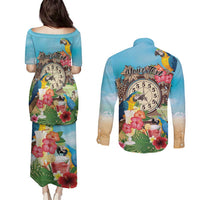 Personalized It's 5 o'clock Somewhere Couples Matching Puletasi and Long Sleeve Button Shirt Hawaiian Tropical Parrots - Wonder Print Shop