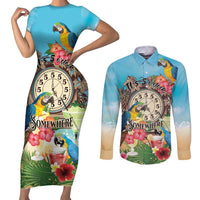 Personalized It's 5 o'clock Somewhere Couples Matching Short Sleeve Bodycon Dress and Long Sleeve Button Shirt Hawaiian Tropical Parrots - Wonder Print Shop