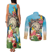 Personalized It's 5 o'clock Somewhere Couples Matching Tank Maxi Dress and Long Sleeve Button Shirt Hawaiian Tropical Parrots - Wonder Print Shop