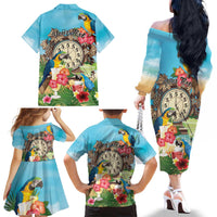 Personalized It's 5 o'clock Somewhere Family Matching Off The Shoulder Long Sleeve Dress and Hawaiian Shirt Hawaiian Tropical Parrots - Wonder Print Shop