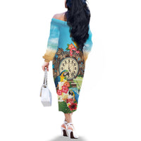Personalized It's 5 o'clock Somewhere Family Matching Off The Shoulder Long Sleeve Dress and Hawaiian Shirt Hawaiian Tropical Parrots - Wonder Print Shop