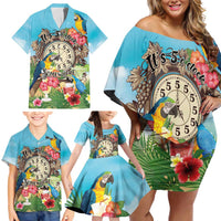 Personalized It's 5 o'clock Somewhere Family Matching Off Shoulder Short Dress and Hawaiian Shirt Hawaiian Tropical Parrots - Wonder Print Shop