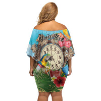 Personalized It's 5 o'clock Somewhere Off Shoulder Short Dress Hawaiian Tropical Parrots - Wonder Print Shop