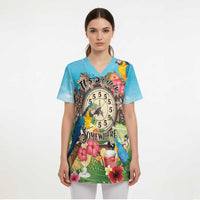 Personalized It's 5 o'clock Somewhere Scrub Top Hawaiian Tropical Parrots - Wonder Print Shop