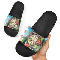 It's 5 o'clock Somewhere Slide Sandals Hawaiian Tropical Parrots - Wonder Print Shop