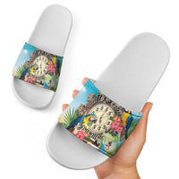 It's 5 o'clock Somewhere Slide Sandals Hawaiian Tropical Parrots - Wonder Print Shop