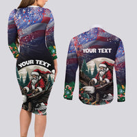Personalized USA Christmas Couples Matching Long Sleeve Bodycon Dress and Long Sleeve Button Shirt Santa Claus With Eagle - Wonder Print Shop