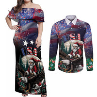 Personalized USA Christmas Couples Matching Off Shoulder Maxi Dress and Long Sleeve Button Shirt Santa Claus With Eagle - Wonder Print Shop
