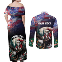 Personalized USA Christmas Couples Matching Off Shoulder Maxi Dress and Long Sleeve Button Shirt Santa Claus With Eagle - Wonder Print Shop