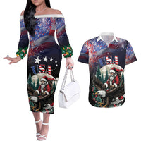 Personalized USA Christmas Couples Matching Off The Shoulder Long Sleeve Dress and Hawaiian Shirt Santa Claus With Eagle - Wonder Print Shop