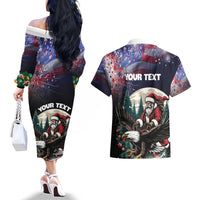 Personalized USA Christmas Couples Matching Off The Shoulder Long Sleeve Dress and Hawaiian Shirt Santa Claus With Eagle - Wonder Print Shop