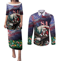 Personalized USA Christmas Couples Matching Puletasi and Long Sleeve Button Shirt Santa Claus With Eagle - Wonder Print Shop