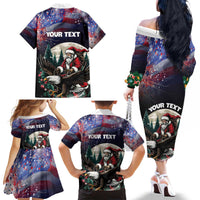 Personalized USA Christmas Family Matching Off The Shoulder Long Sleeve Dress and Hawaiian Shirt Santa Claus With Eagle - Wonder Print Shop