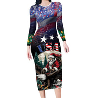 Personalized USA Christmas Long Sleeve Bodycon Dress Santa Claus With Eagle - Wonder Print Shop
