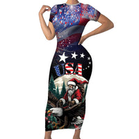 Personalized USA Christmas Short Sleeve Bodycon Dress Santa Claus With Eagle - Wonder Print Shop