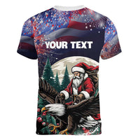 Personalized USA Christmas Women V-Neck T-Shirt Santa Claus With Eagle - Wonder Print Shop