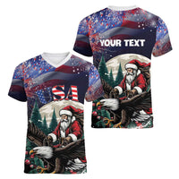 Personalized USA Christmas Women V-Neck T-Shirt Santa Claus With Eagle - Wonder Print Shop