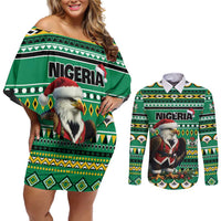 Nigeria Christmas Couples Matching Off Shoulder Short Dress and Long Sleeve Button Shirt Eagle Santa African Pattern - Wonder Print Shop