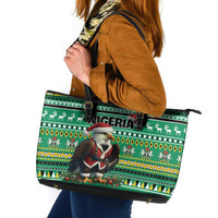 Nigeria Christmas Leather Tote Bag Eagle Santa African Pattern - Wonder Print Shop