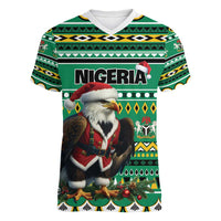 Nigeria Christmas Women V-Neck T-Shirt Eagle Santa African Pattern - Wonder Print Shop