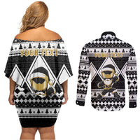 Personalized Power Black Ranger Santa Claus Couples Matching Off Shoulder Short Dress and Long Sleeve Button Shirt Funny Christmas - Wonder Print Shop